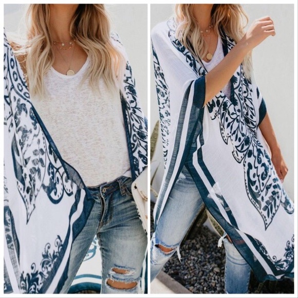 NEW‼️RESTOCK ‼️WHITE NAVY DUSTER - kimono - Picture 2 of 3